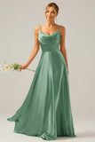 Dusty Blue A Line Cowl Neck Bridesmaid Dress with Sequins