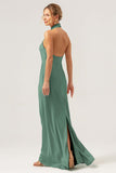 Elegant Dusty Sage Halter Sleeveless Mermaid Bridesmaid Dress