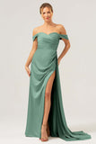 Sage Off the Shoulder Pleated Satin Bridesmaid Dress with Slit