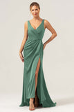 Dark Green V-Neck Satin Mermaid Bridesmaid Dress with Slit