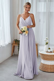 Silver A-Line V Neck Chiffon Long Bridesmaid Dress