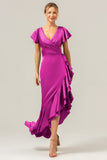 Eucalyptus V Neck Satin Ruffled Sheath Bridesmaid Dress with Slit