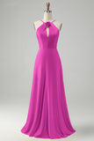 Burgundy A Line Halter Keyhole Long Bridesmaid Dress with Flower