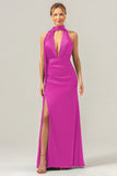 Burgundy Sheath V-Neck Satin Bridesmaid Guest Dress with Slit