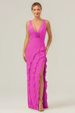 Terracotta V Neck Ruffled Sheath Flower Bridesmaid Dress with Slit