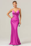 Champagne Spaghetti Straps Satin Mermaid Bridesmaid Dress with Hollow-Out Back