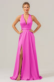 Peacock A Line Lace-Up Back Satin Bridesmaid Dress with Slit