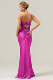 Champagne Spaghetti Straps Satin Mermaid Bridesmaid Dress with Hollow-Out Back