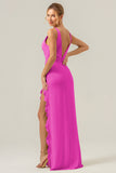 Terracotta V Neck Ruffled Sheath Flower Bridesmaid Dress with Slit