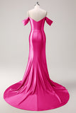 Gorgeous Fuchsia Sequined Spaghetti Straps Mermaid Satin Prom Dress