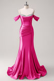 Gorgeous Fuchsia Sequined Spaghetti Straps Mermaid Satin Prom Dress