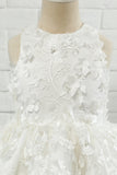 White Applique Sleeveless Flower Girl Dress