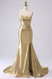 Gold Sparkly Mermaid Corset Prom Dress with Slit