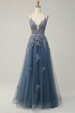 A Line Spaghetti Straps Grey Blue Long Prom Dress with Appliques