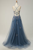 A Line Spaghetti Straps Grey Blue Long Prom Dress with Appliques