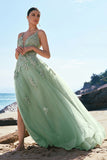 Green A Line Spaghetti Straps Applique Tulle Prom Dress with Slit