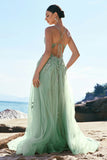 A Line Spaghetti Straps Green Long Prom Dress with Criss Cross Back