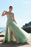 Green A Line Spaghetti Straps Applique Tulle Prom Dress with Slit