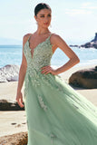 Green A Line Spaghetti Straps Applique Tulle Prom Dress with Slit