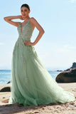 A Line Spaghetti Straps Green Long Prom Dress with Criss Cross Back