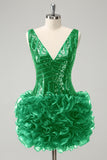 Glitter Dark Green V Neck Sequins Prom Dress with Detachable Ruffles