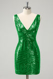 Glitter Dark Green V Neck Sequins Prom Dress with Detachable Ruffles