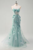 Blue Applique Mermaid Tulle Prom Dress with Beading