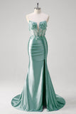 Blue Strapless Corset Applique Satin Mermaid Prom Dress with Slit