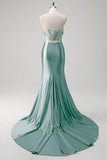 Blue Strapless Corset Applique Satin Mermaid Prom Dress with Slit