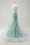 Blue Applique Mermaid Tulle Prom Dress with Beading