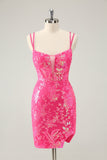 Gorgeous Hot Pink Bodycon Lace Up Glittler Short Prom Dress with Slit