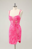 Gorgeous Hot Pink Bodycon Lace Up Glittler Short Prom Dress with Slit