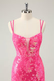 Gorgeous Hot Pink Bodycon Lace Up Glittler Short Prom Dress with Slit