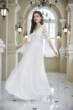 White A-Line Lace Bell Sleeves Long Prom Dress