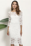 White Sheath 3/4 Sleeves Boat Neck Lace Cocktail Dress