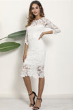 White Sheath 3/4 Sleeves Boat Neck Lace Cocktail Dress