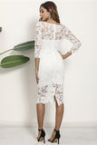 White Sheath 3/4 Sleeves Boat Neck Lace Cocktail Dress