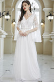 White A-Line Lace Bell Sleeves Long Prom Dress