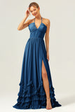 Peacock Halter Ruffled Chiffon Corset Bridesmaid Dress with Slit