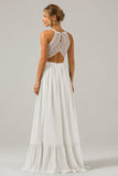 Ivory A-Line Halter Pleated Keyhole Chiffon Bridesmaid Dress With Lace