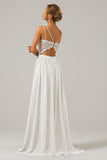 Ivory A-Line Spaghetti Straps Pleated Long Bridesmaid Dress With Lace