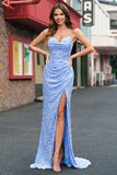 Sparkly Sequins Sweetheart Sheath Light Blue Prom Dress with Slit