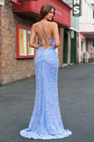 Sparkly Sequins Sweetheart Sheath Light Blue Prom Dress with Slit