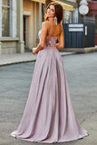 Sparkly Blush A Line Spaghetti Straps Long Corset Prom Dress With Beading