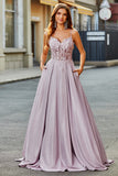 Sparkly Blush A Line Spaghetti Straps Long Corset Prom Dress With Beading