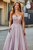 Sparkly Blush A Line Spaghetti Straps Long Corset Prom Dress With Beading