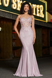 Glitter Blush Mermaid Spaghetti Straps Long Prom Dress with Beading