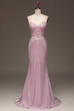 Blush Mermaid Spaghetti Straps Long Corset Prom Dress with Beading