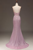 Blush Mermaid Spaghetti Straps Long Corset Prom Dress with Beading