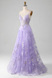 A-Line Sequins Purple Prom Dress with Embroidery